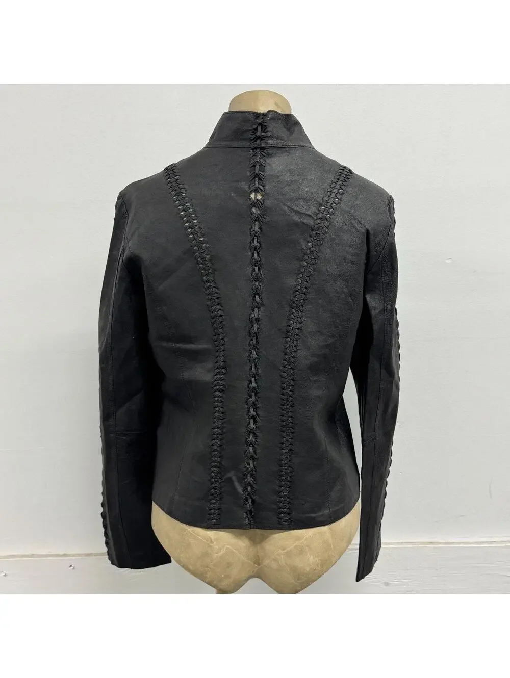 Vintage Black Braided Detail Y2K Avant Garde Leather Jacket - Picture 2 of 8